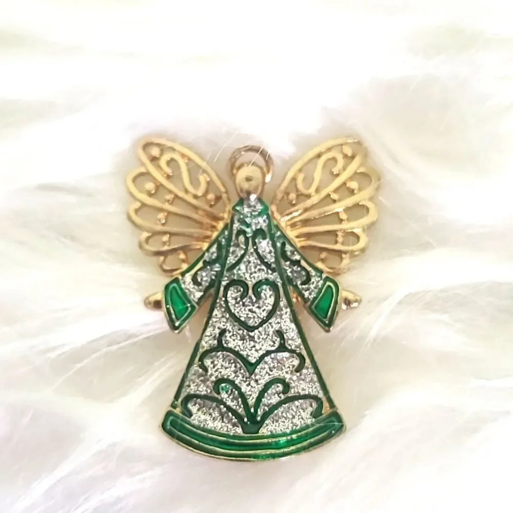 Holiday Angel Pin, Green & Silver with Gold Wings, NWOT